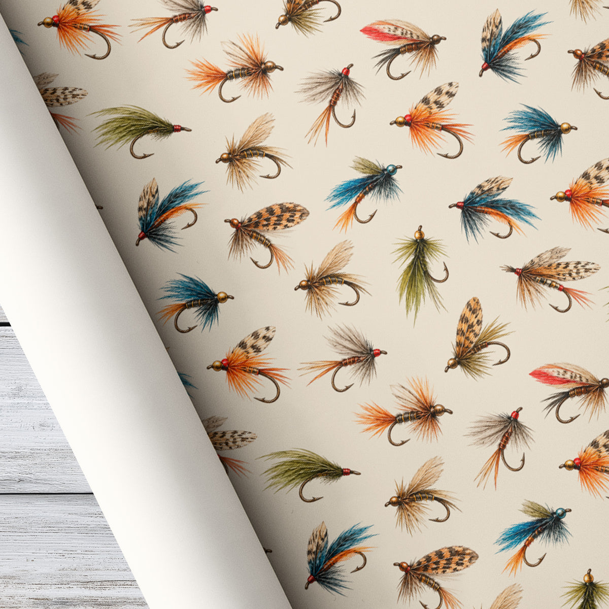 Vintage Fly Fishing Wrapping Paper, Trout Fishing Flies And Lures Pattern Wrapping Paper Rolls, Gift Wrap For Fly Fishing Lover