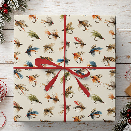 Vintage Fly Fishing Wrapping Paper, Trout Fishing Flies And Lures Pattern Wrapping Paper Rolls, Gift Wrap For Fly Fishing Lover