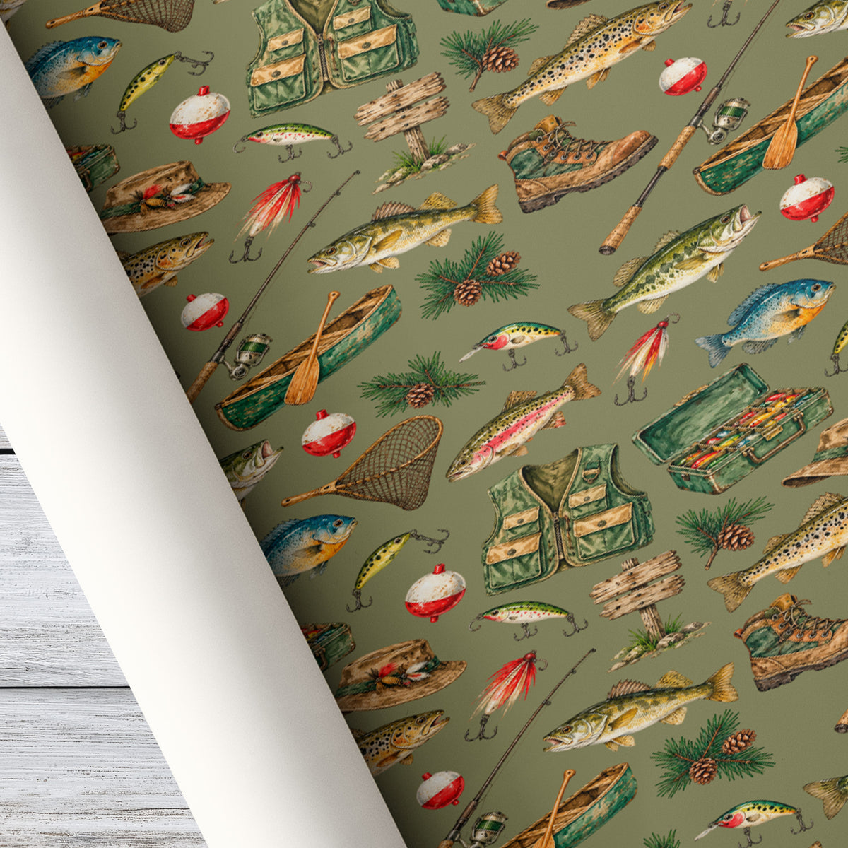 Vintage Fishing Wrapping Paper, Bass Trout Fishing Gear Wrapping Paper Rolls, Gift Wrap For Fishing Lover