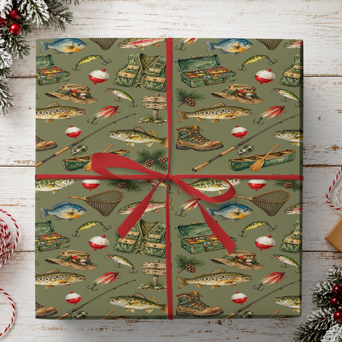 Vintage Fishing Wrapping Paper, Bass Trout Fishing Gear Wrapping Paper Rolls, Gift Wrap For Fishing Lover