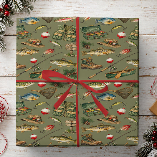 Vintage Fishing Wrapping Paper, Bass Trout Fishing Gear Wrapping Paper Rolls, Gift Wrap For Fishing Lover