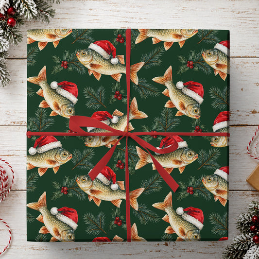 Christmas Fishing Wrapping Paper, Funny Fish Wearing Santa Hats Wrapping Paper Rolls, Xmas Gift Wrap For Fishing Lover