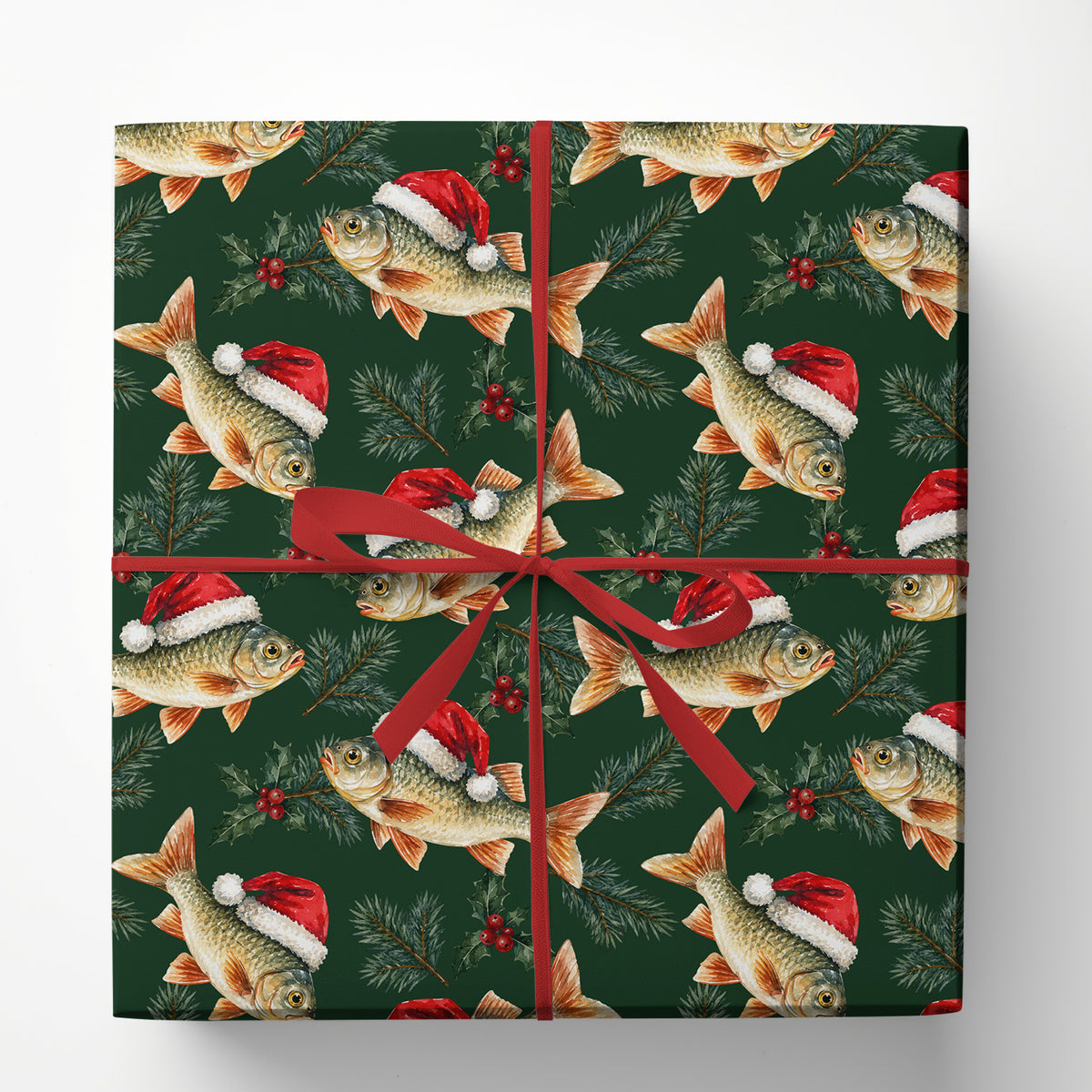 Christmas Fishing Wrapping Paper, Funny Fish Wearing Santa Hats Wrapping Paper Rolls, Xmas Gift Wrap For Fishing Lover