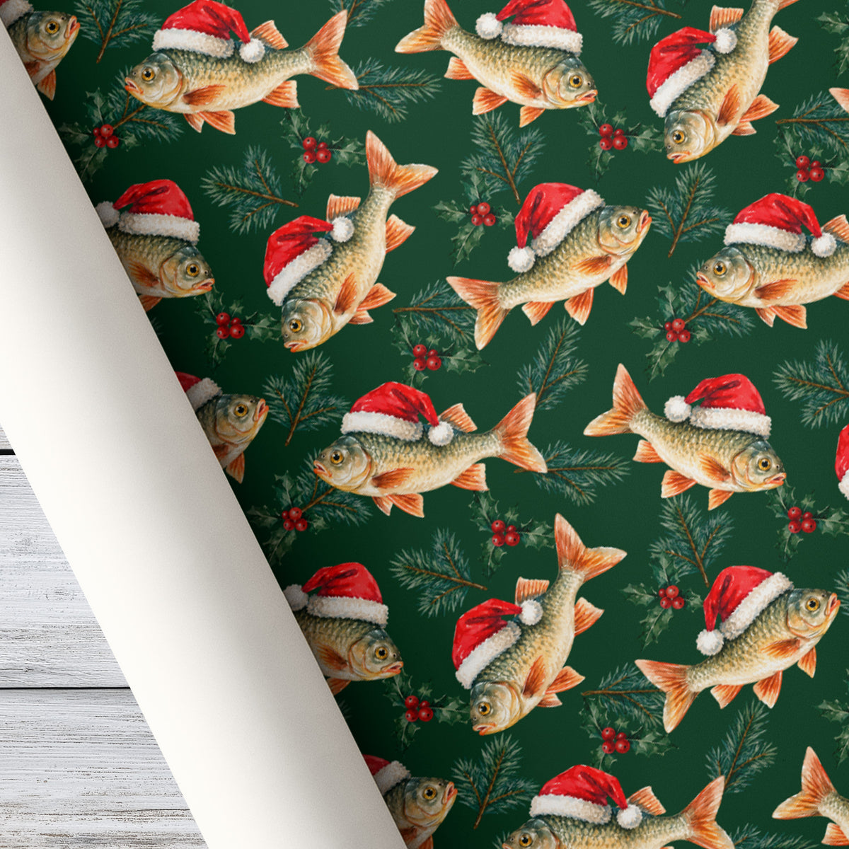 Christmas Fishing Wrapping Paper, Funny Fish Wearing Santa Hats Wrapping Paper Rolls, Xmas Gift Wrap For Fishing Lover