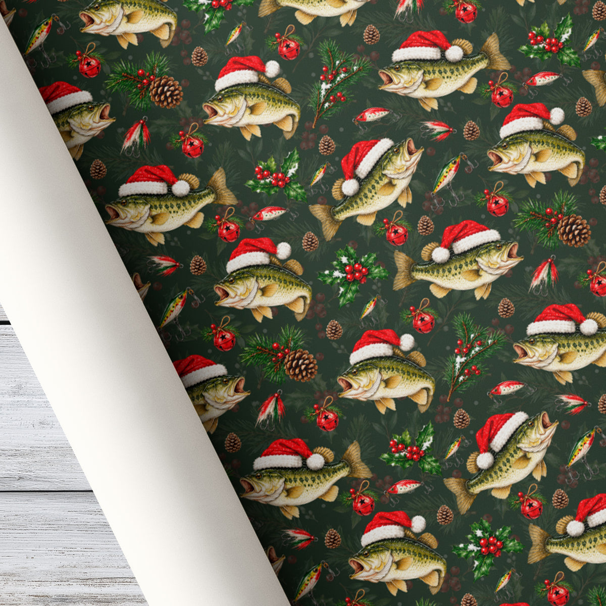 Funny Christmas Bass Fishing Wrapping Paper, Santa Hat Largemouth Bass Fish Wrapping Paper Rolls, Xmas Gift Wrap For Fishing Lover