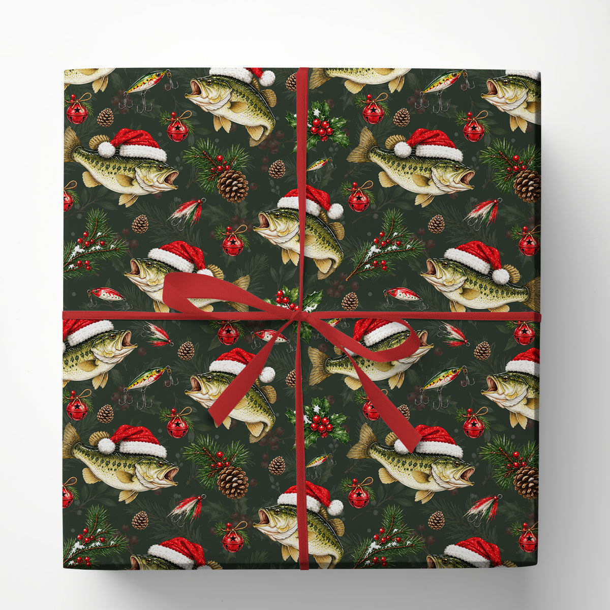 Funny Christmas Bass Fishing Wrapping Paper, Santa Hat Largemouth Bass Fish Wrapping Paper Rolls, Xmas Gift Wrap For Fishing Lover