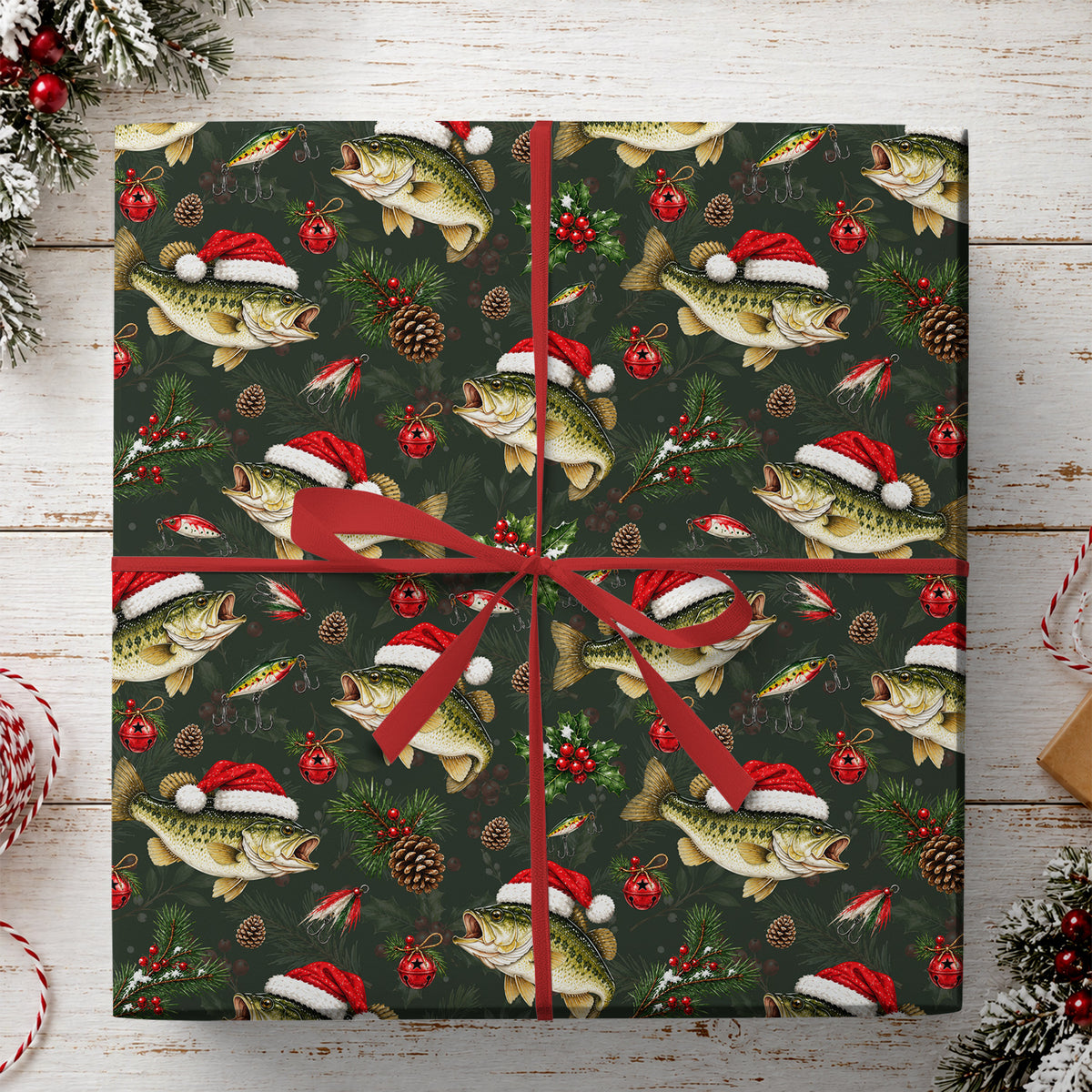 Funny Christmas Bass Fishing Wrapping Paper, Santa Hat Largemouth Bass Fish Wrapping Paper Rolls, Xmas Gift Wrap For Fishing Lover