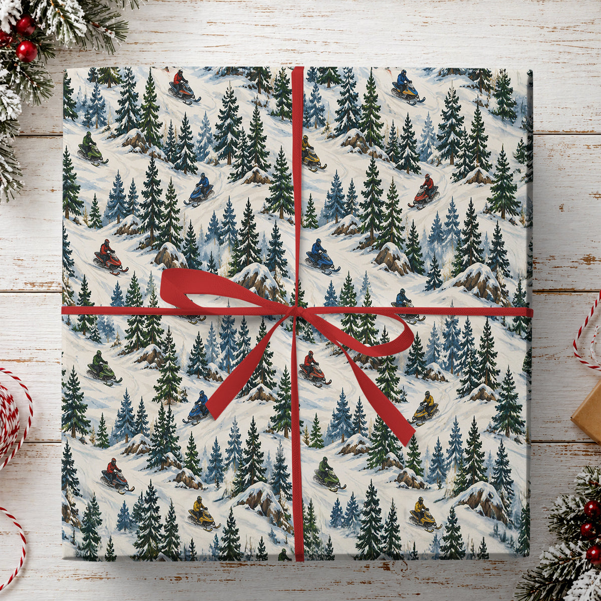 Christmas Snowmobile Wrapping Paper, Winter Mountain Adventure Wrapping Paper Rolls, Xmas Gift Wrap For Snowmobile Lovers