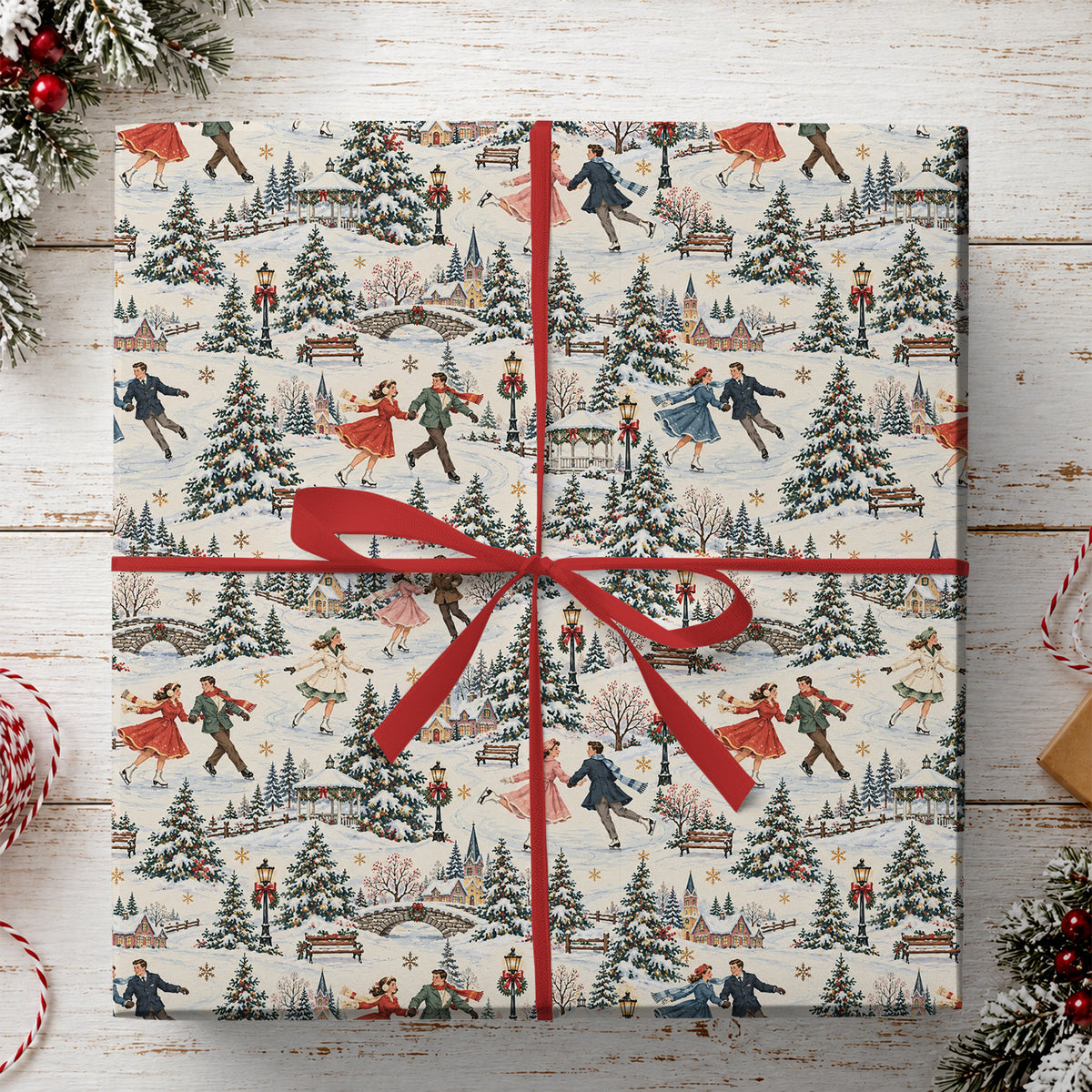 Vintage Romantic Ice Skating Couples Christmas Wrapping Paper, Winter Village Wrapping Paper Rolls, Xmas Gift Wrap For Ice Skating Lovers