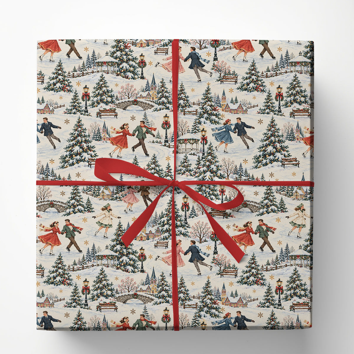 Vintage Romantic Ice Skating Couples Christmas Wrapping Paper, Winter Village Wrapping Paper Rolls, Xmas Gift Wrap For Ice Skating Lovers