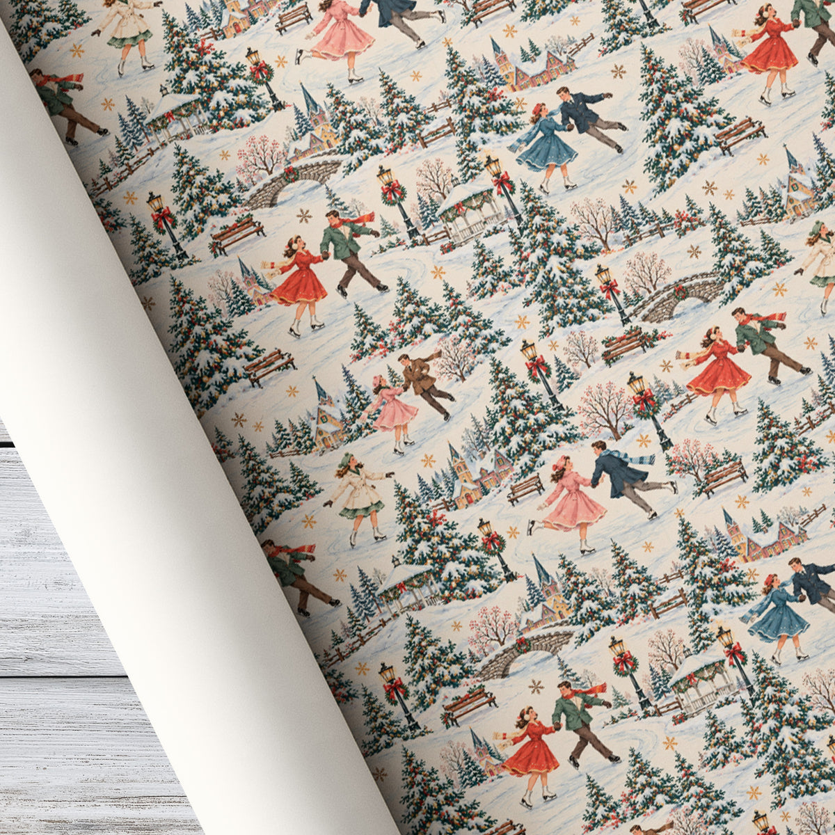 Vintage Romantic Ice Skating Couples Christmas Wrapping Paper, Winter Village Wrapping Paper Rolls, Xmas Gift Wrap For Ice Skating Lovers