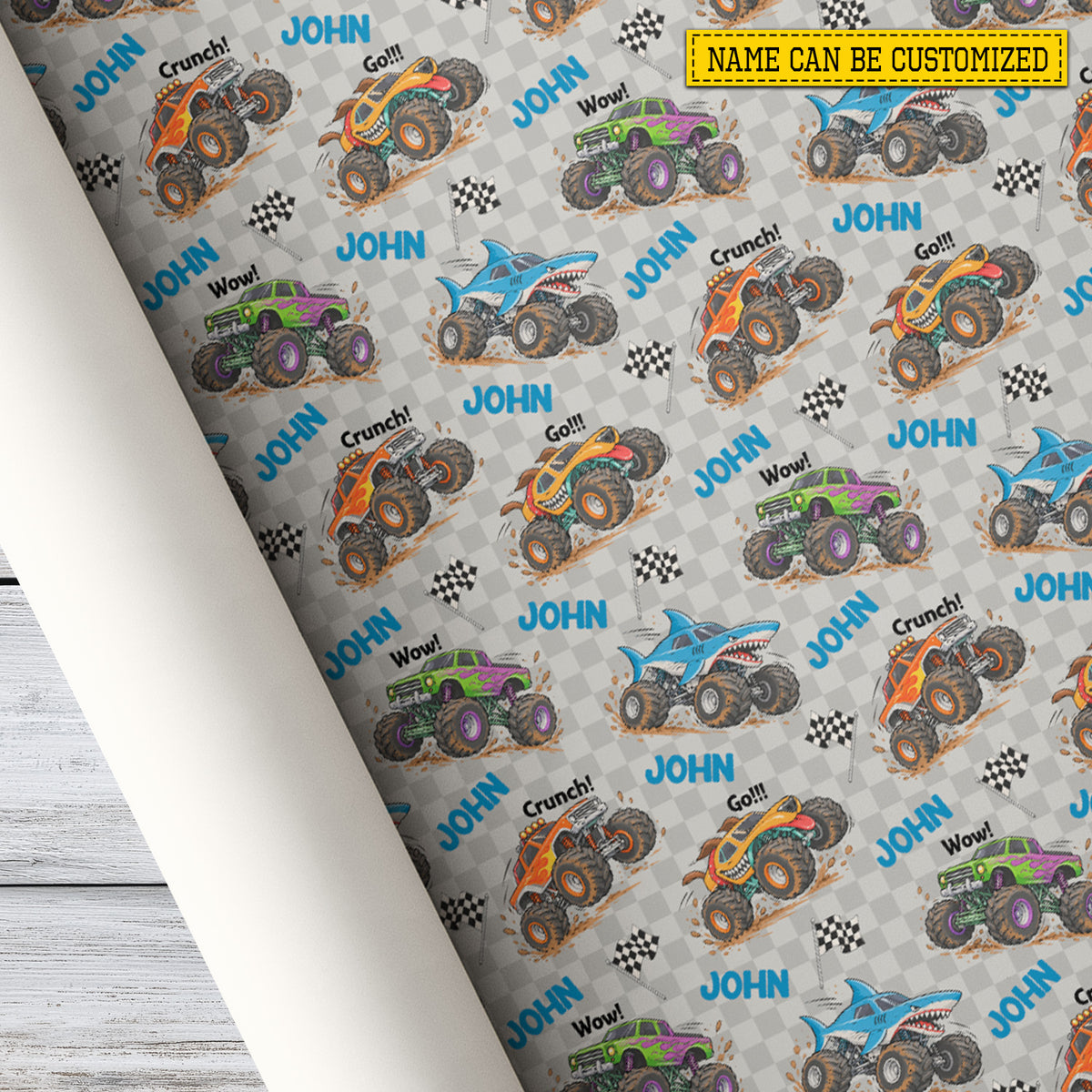 Personalized Monster Truck Wrapping Paper, Big Wheels, Big Surprises Wrapping Paper Rolls, Gift Wrap For Monster Truck Lover