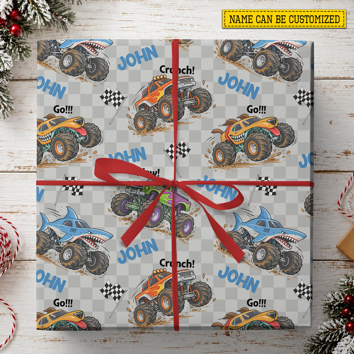Personalized Monster Truck Wrapping Paper, Big Wheels, Big Surprises Wrapping Paper Rolls, Gift Wrap For Monster Truck Lover