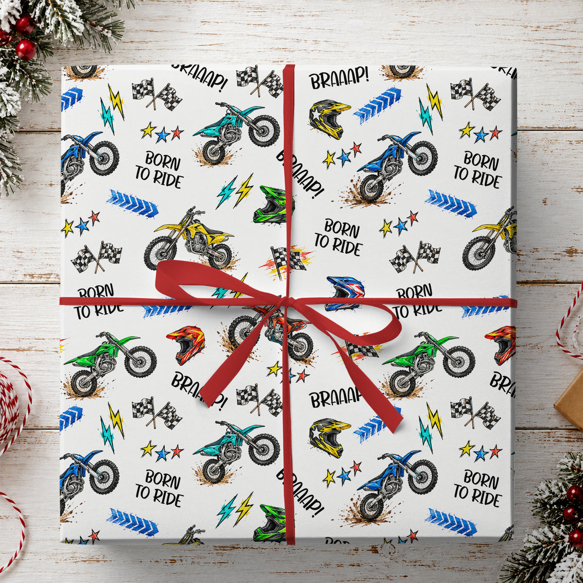 Christmas Motocross Wrapping Paper, Born to Ride Dirt Bike Racing Wrapping Paper Rolls, Xmas Gift Wrap For Motocross Lovers