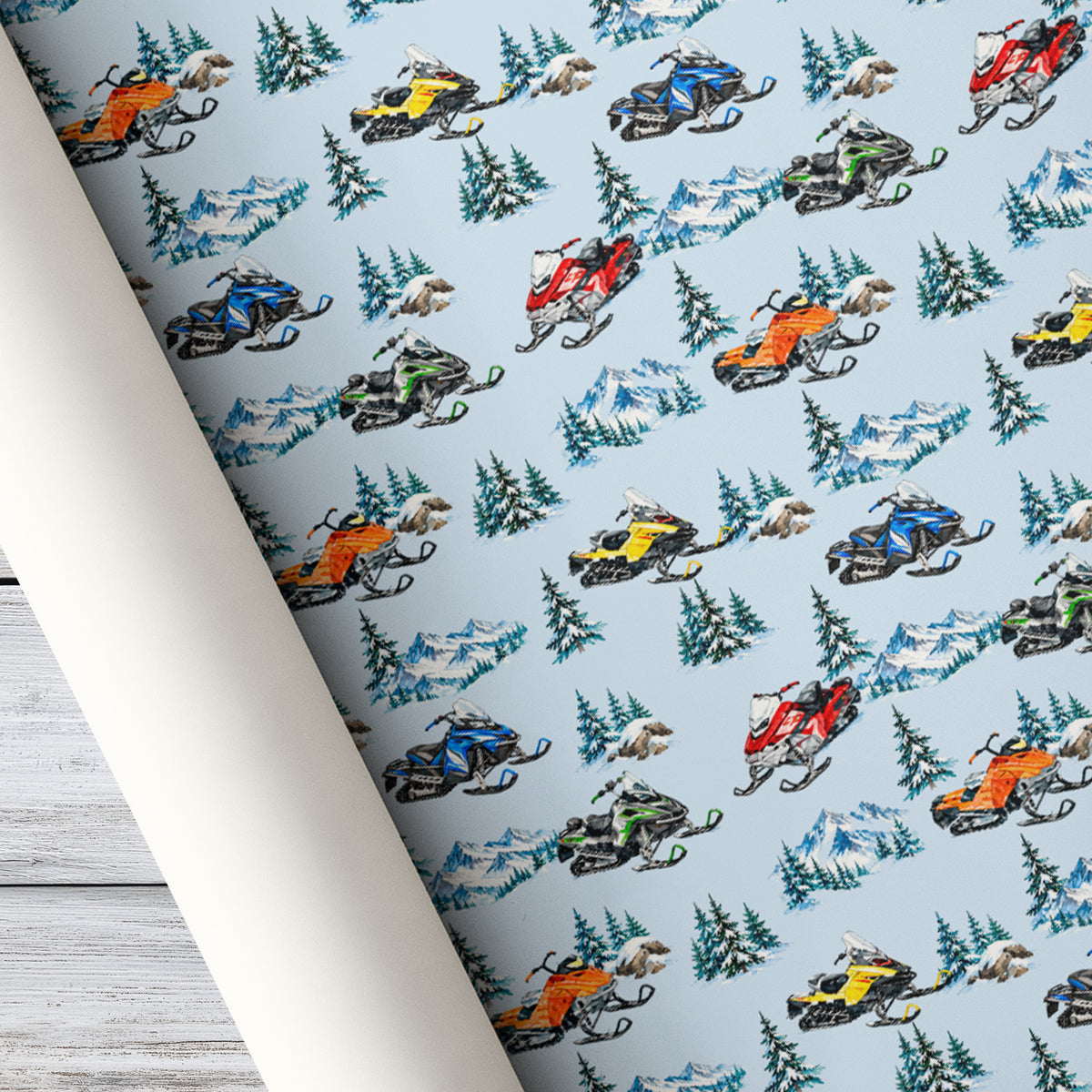 Christmas Snowmobile Wrapping Paper, Snowmobiles and Snowy Mountain Wrapping Paper Rolls, Xmas Gift Wrap For Snowmobile Lovers