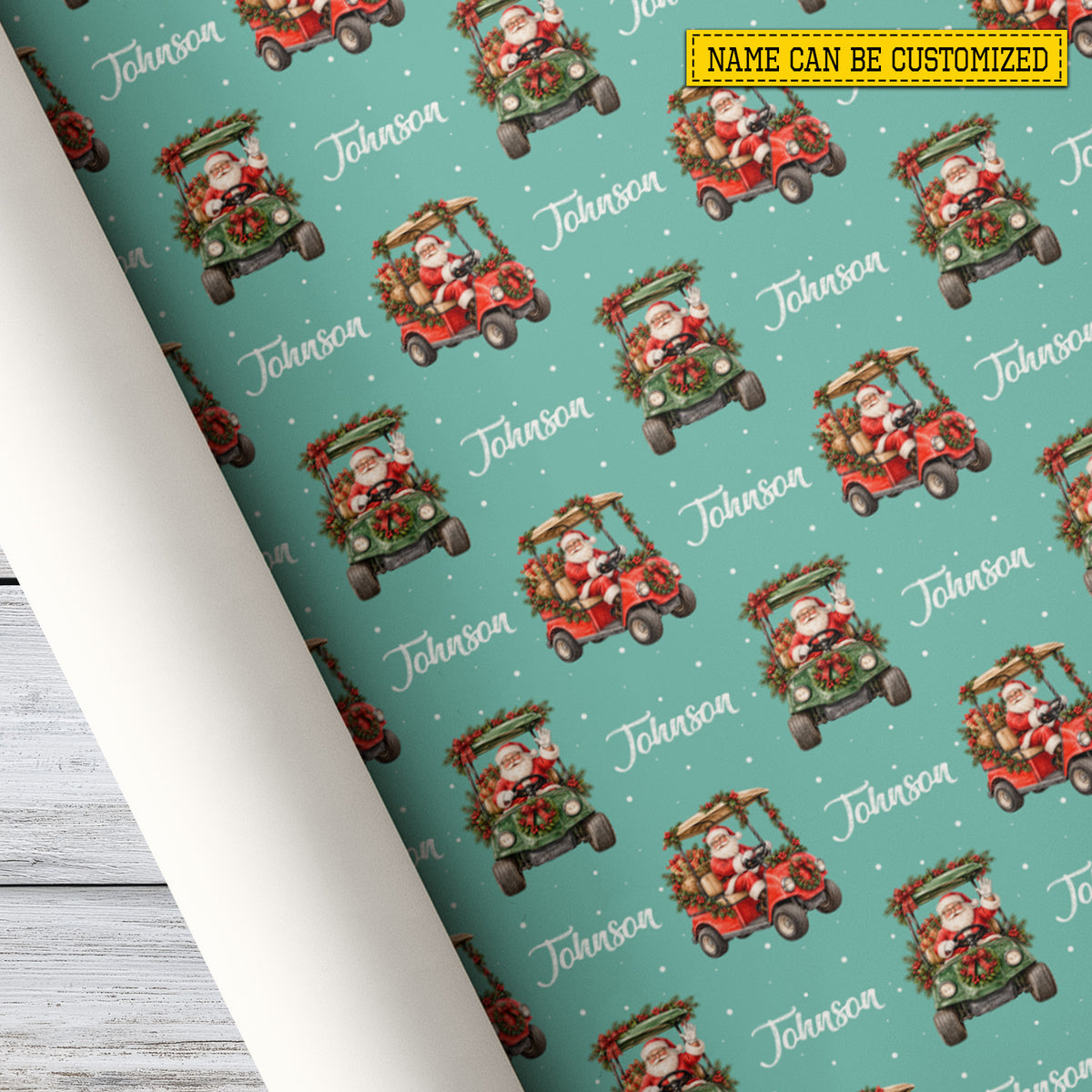 Personalized Christmas Golf Cart Wrapping Paper, Santa Driving Festive Golf Carts Wrapping Paper Rolls, Xmas Gift Wrap For Golf Lover
