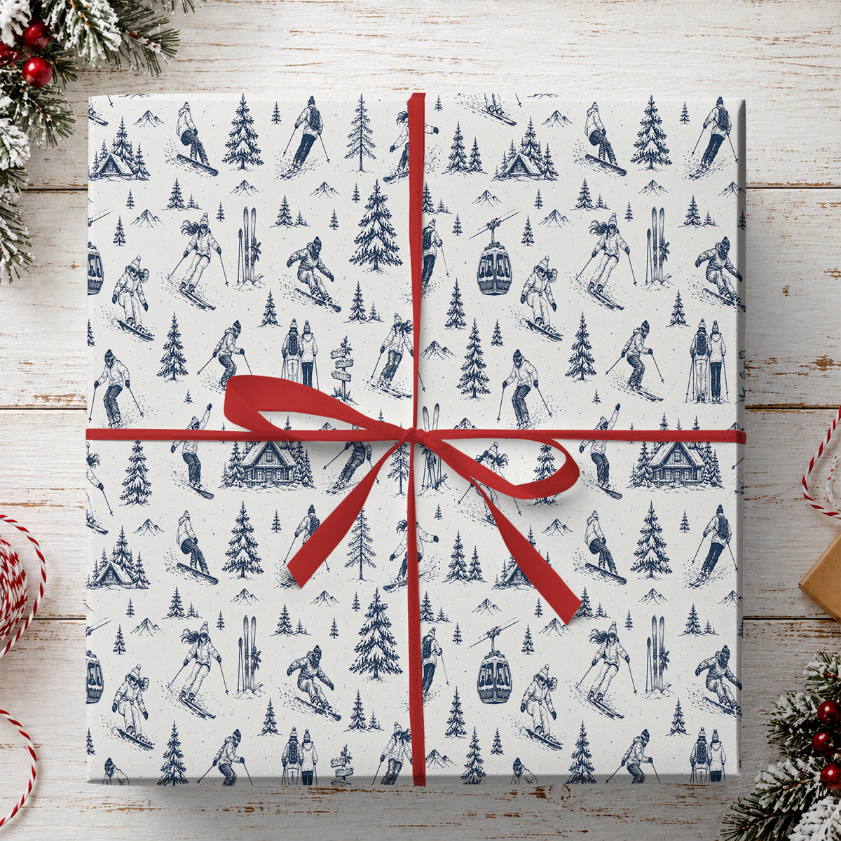Vintage Christmas Skiing Wrapping Paper, Alpine Mountain Snowy Pine Trees Wrapping Paper Rolls, Xmas Gift Wrap For Skiing Lovers