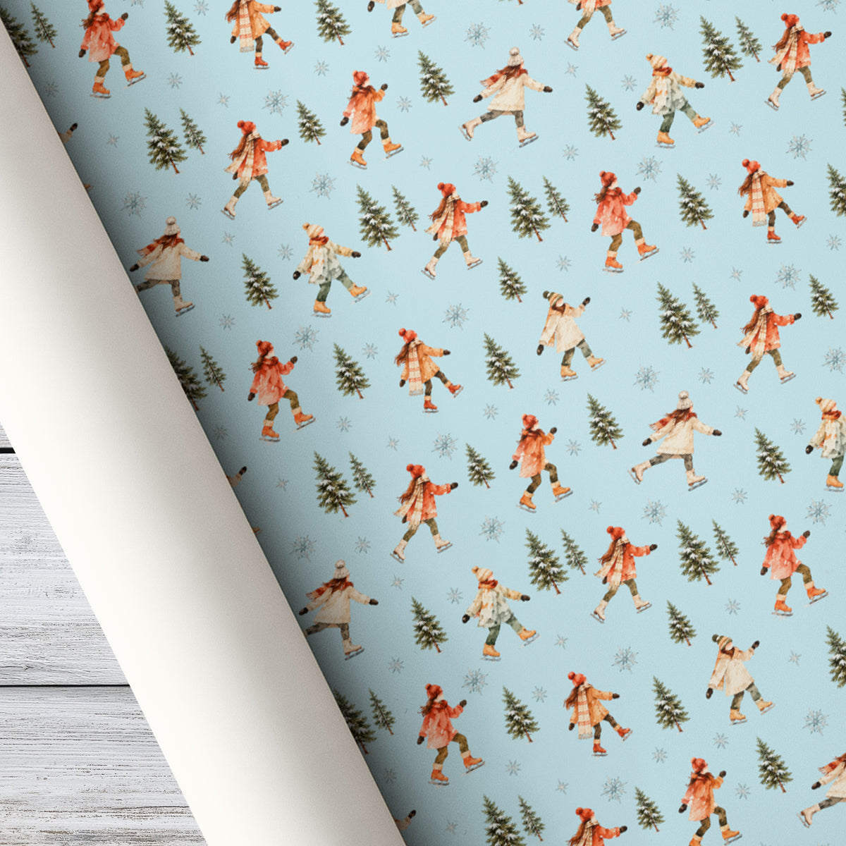 Vintage Ice Skating Christmas Wrapping Paper, Light Blue Winter Wonderland Pine Trees Wrapping Paper Rolls, Xmas Gift Wrap For Ice Skating Lovers