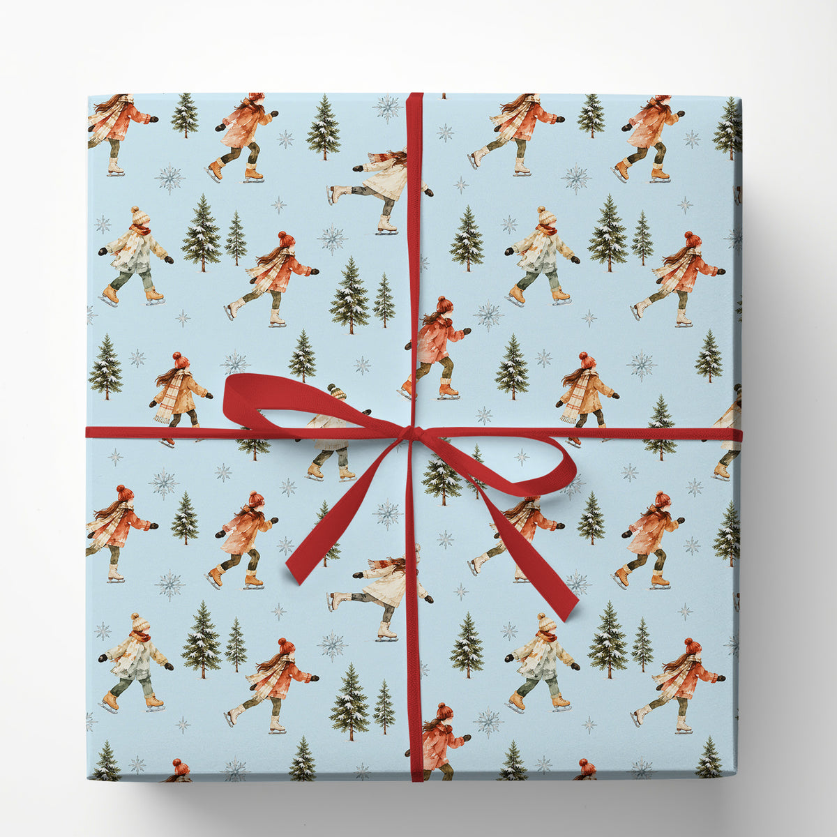 Vintage Ice Skating Christmas Wrapping Paper, Light Blue Winter Wonderland Pine Trees Wrapping Paper Rolls, Xmas Gift Wrap For Ice Skating Lovers