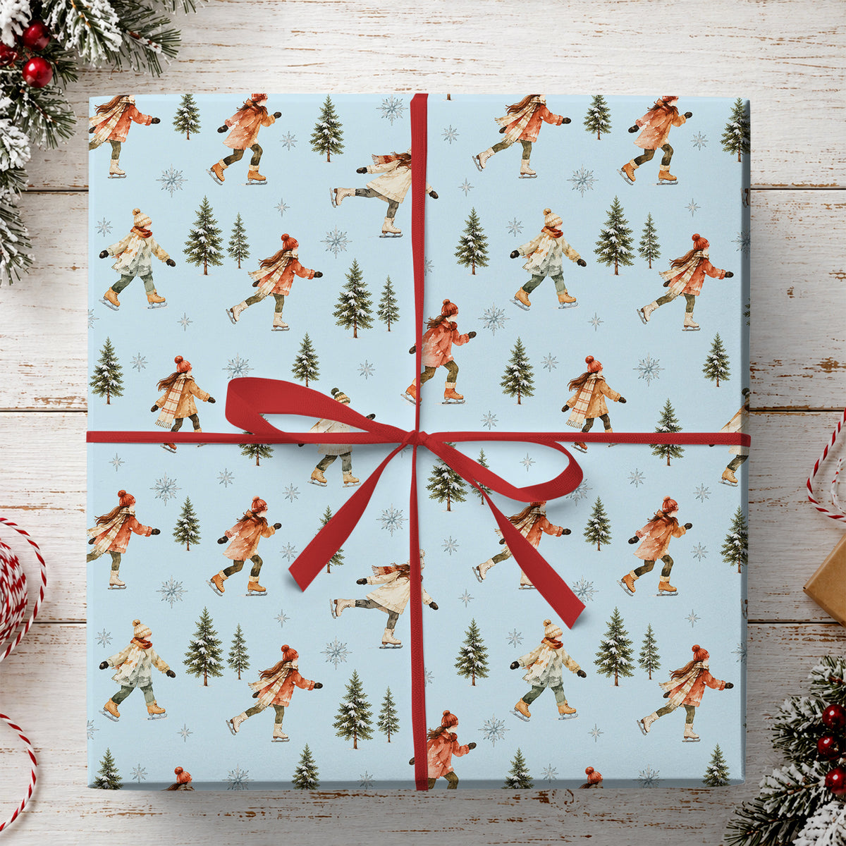 Vintage Ice Skating Christmas Wrapping Paper, Light Blue Winter Wonderland Pine Trees Wrapping Paper Rolls, Xmas Gift Wrap For Ice Skating Lovers