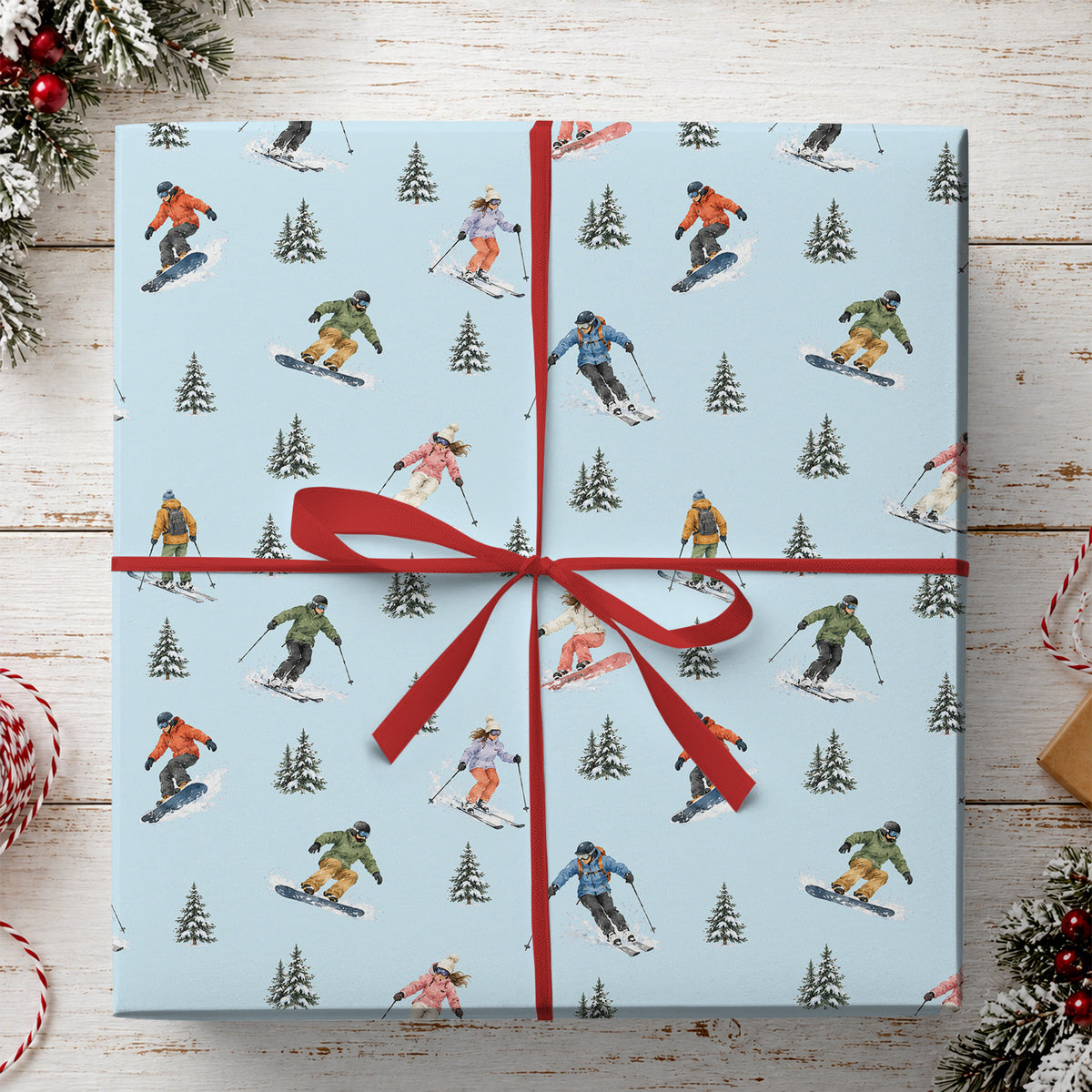 Skiing & Snowboarding Wrapping Paper, Watercolor Skiers And Snowboarders Pattern Wrapping Paper Rolls, Gift Wrap For Skiing & Snowboarding Lover
