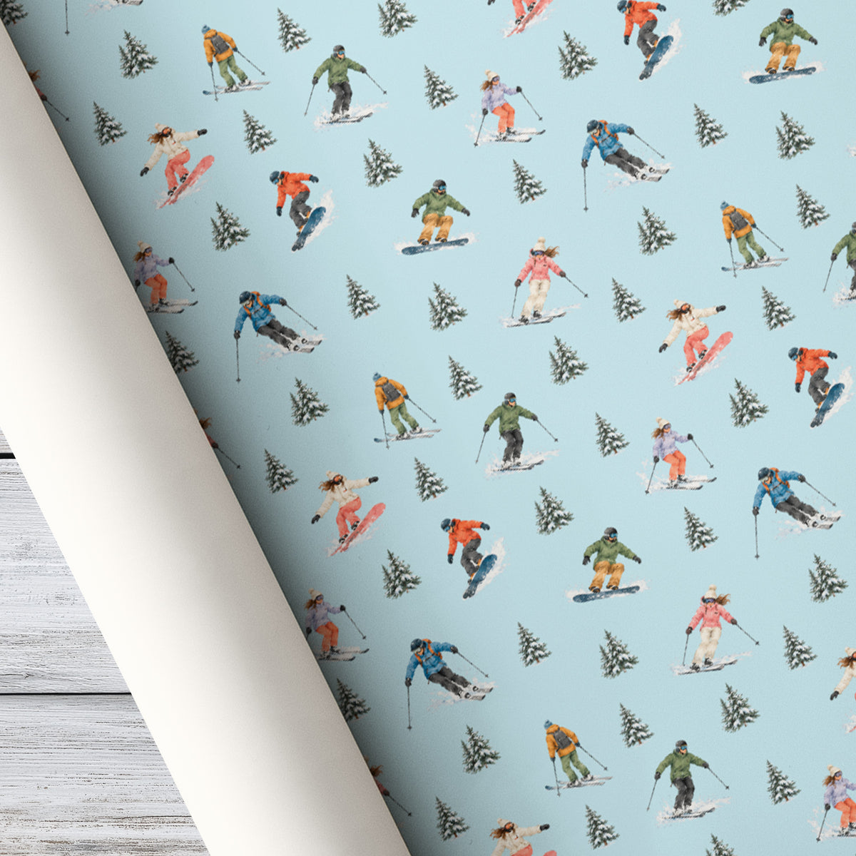 Skiing & Snowboarding Wrapping Paper, Watercolor Skiers And Snowboarders Pattern Wrapping Paper Rolls, Gift Wrap For Skiing & Snowboarding Lover