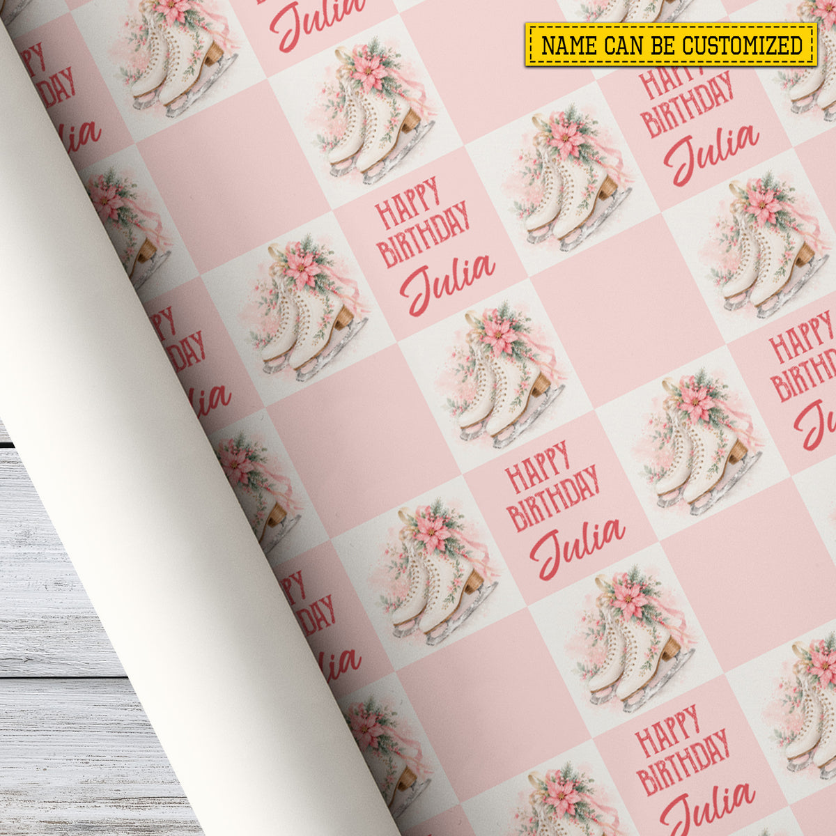 Personalized Figure Skating Birthday Wrapping Paper, Pink Floral Ice Skates Wrapping Paper Rolls, Gift Wrap For Ice Skating Lover