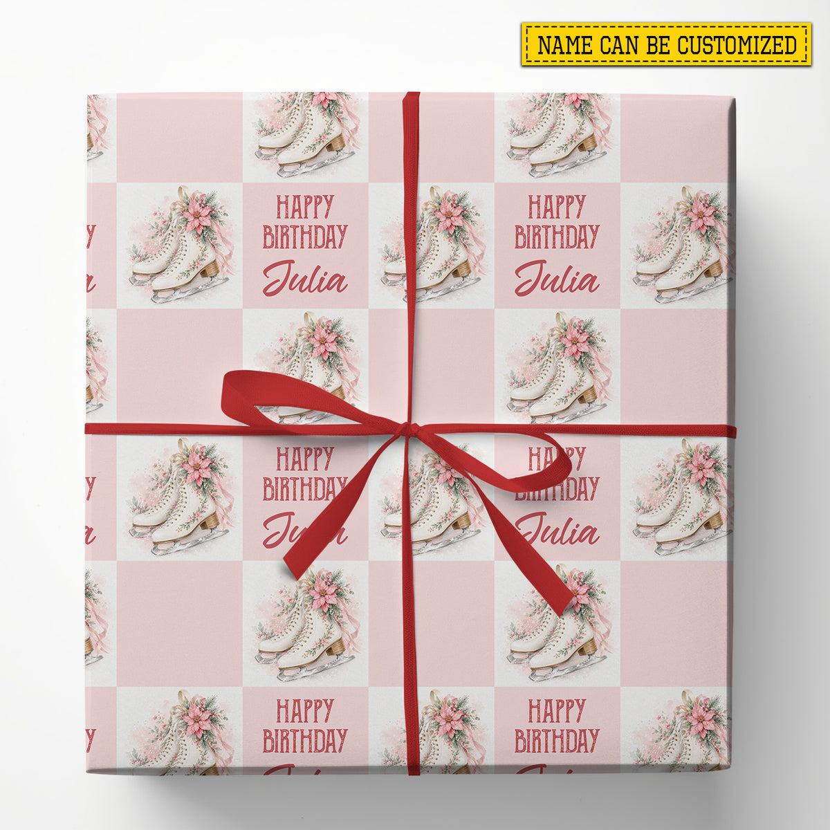 Personalized Figure Skating Birthday Wrapping Paper, Pink Floral Ice Skates Wrapping Paper Rolls, Gift Wrap For Ice Skating Lover