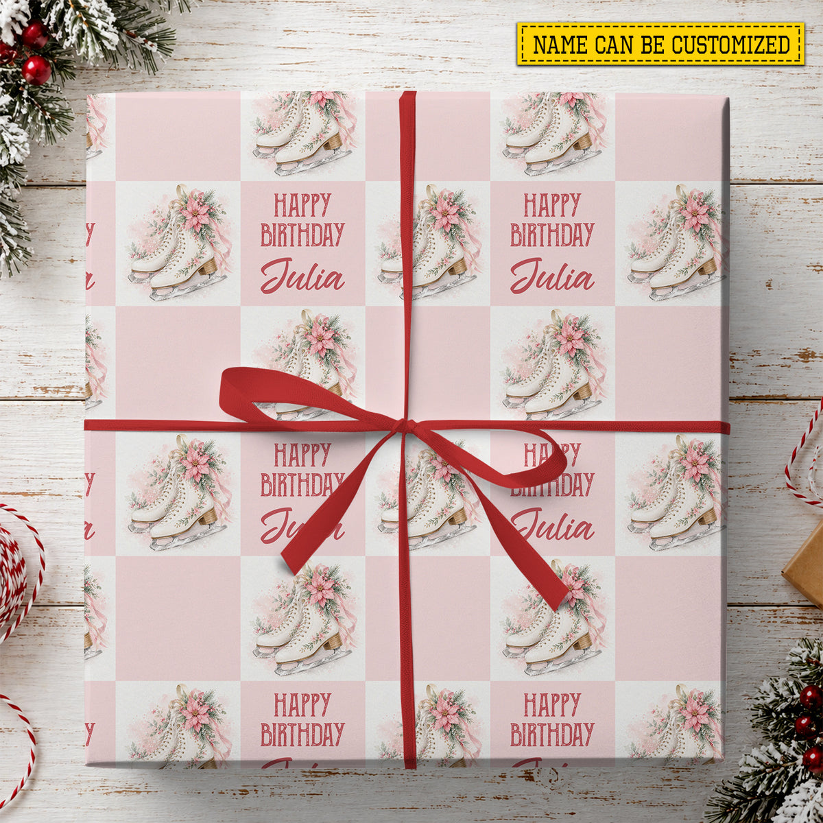 Personalized Figure Skating Birthday Wrapping Paper, Pink Floral Ice Skates Wrapping Paper Rolls, Gift Wrap For Ice Skating Lover