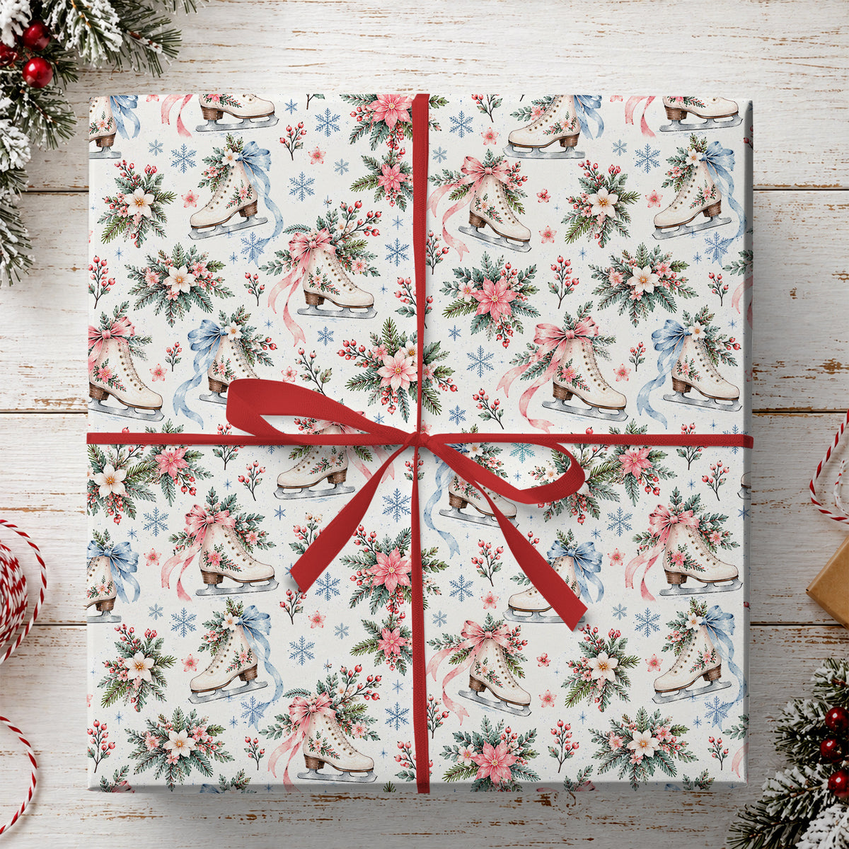 Figure Skating Wrapping Paper, Floral Ice Skates And Snowflakes Pattern Wrapping Paper Rolls, Gift Wrap For Ice Skating Lover