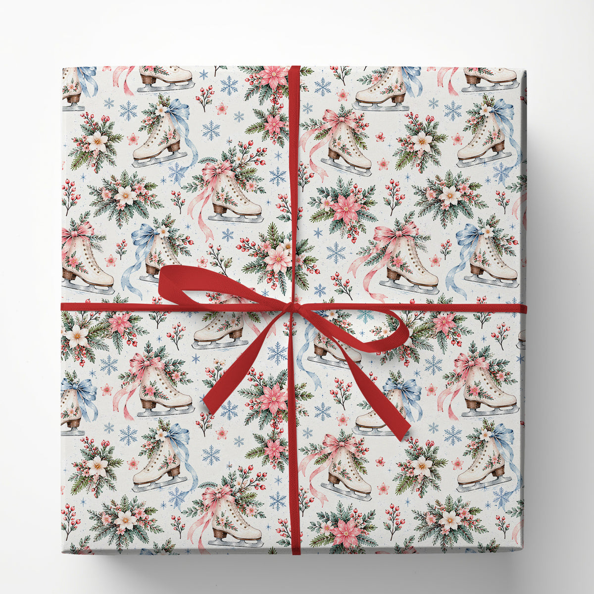 Figure Skating Wrapping Paper, Floral Ice Skates And Snowflakes Pattern Wrapping Paper Rolls, Gift Wrap For Ice Skating Lover