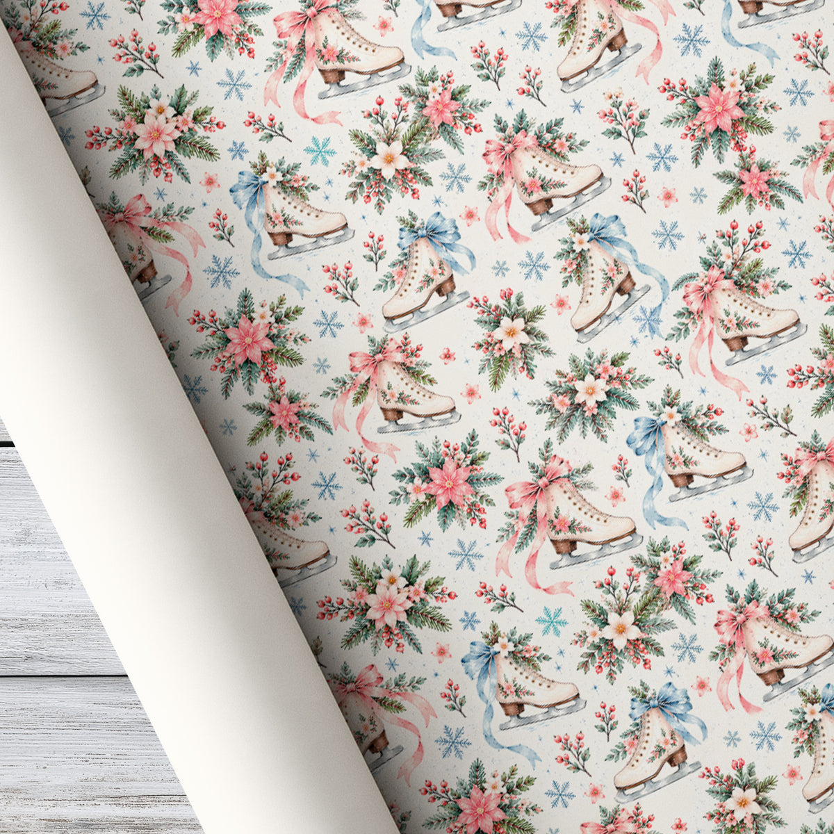 Figure Skating Wrapping Paper, Floral Ice Skates And Snowflakes Pattern Wrapping Paper Rolls, Gift Wrap For Ice Skating Lover
