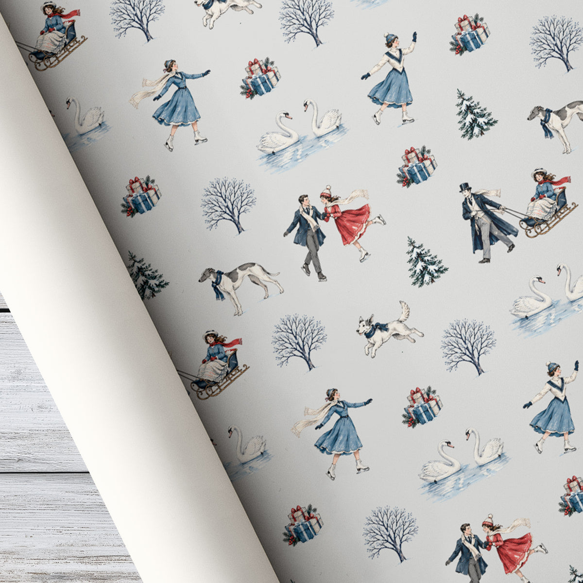 Ice Skating Couples Wrapping Paper, Winter Sleigh Ride Wrapping Paper Rolls, Xmas Gift Wrap For Ice Skating Lover