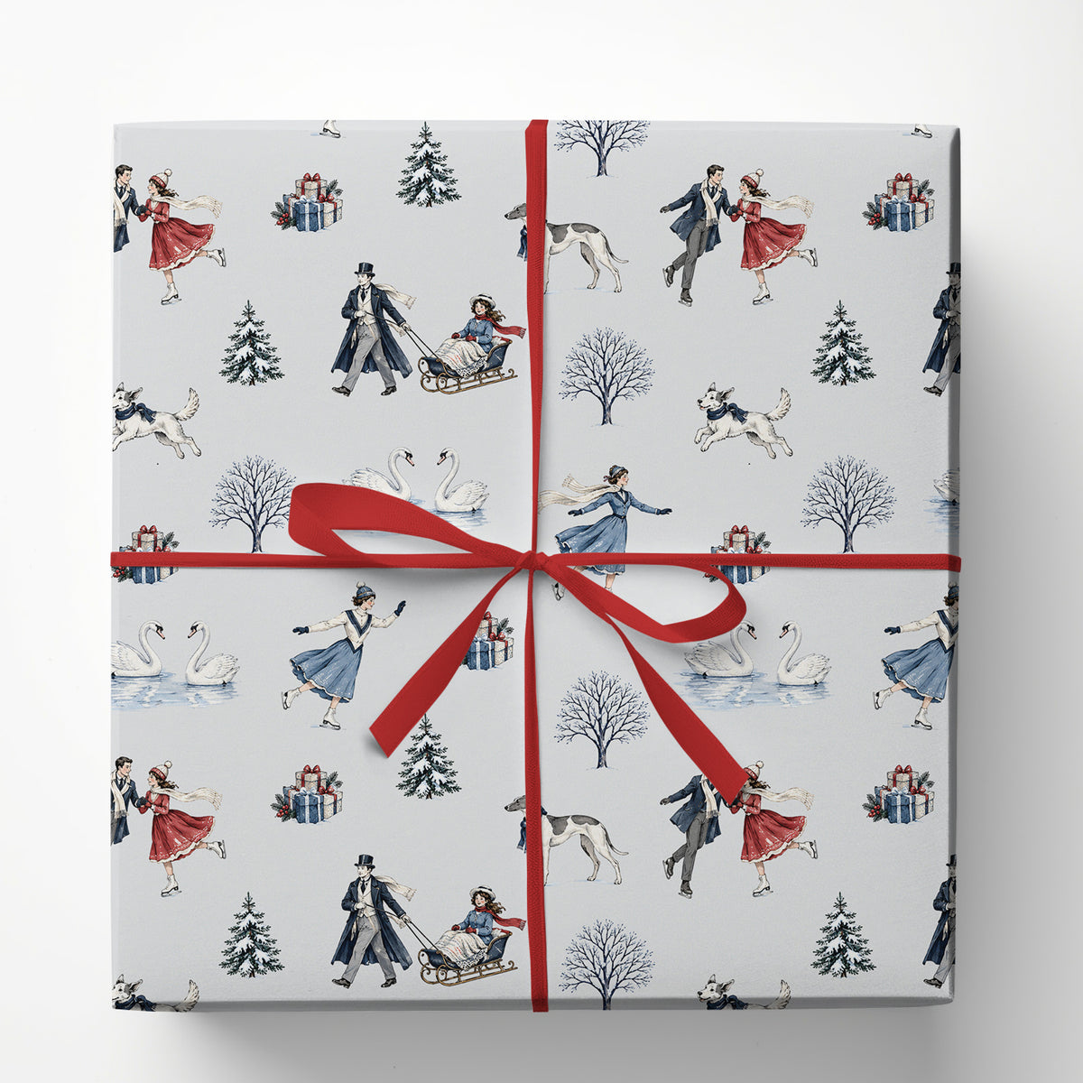 Ice Skating Couples Wrapping Paper, Winter Sleigh Ride Wrapping Paper Rolls, Xmas Gift Wrap For Ice Skating Lover