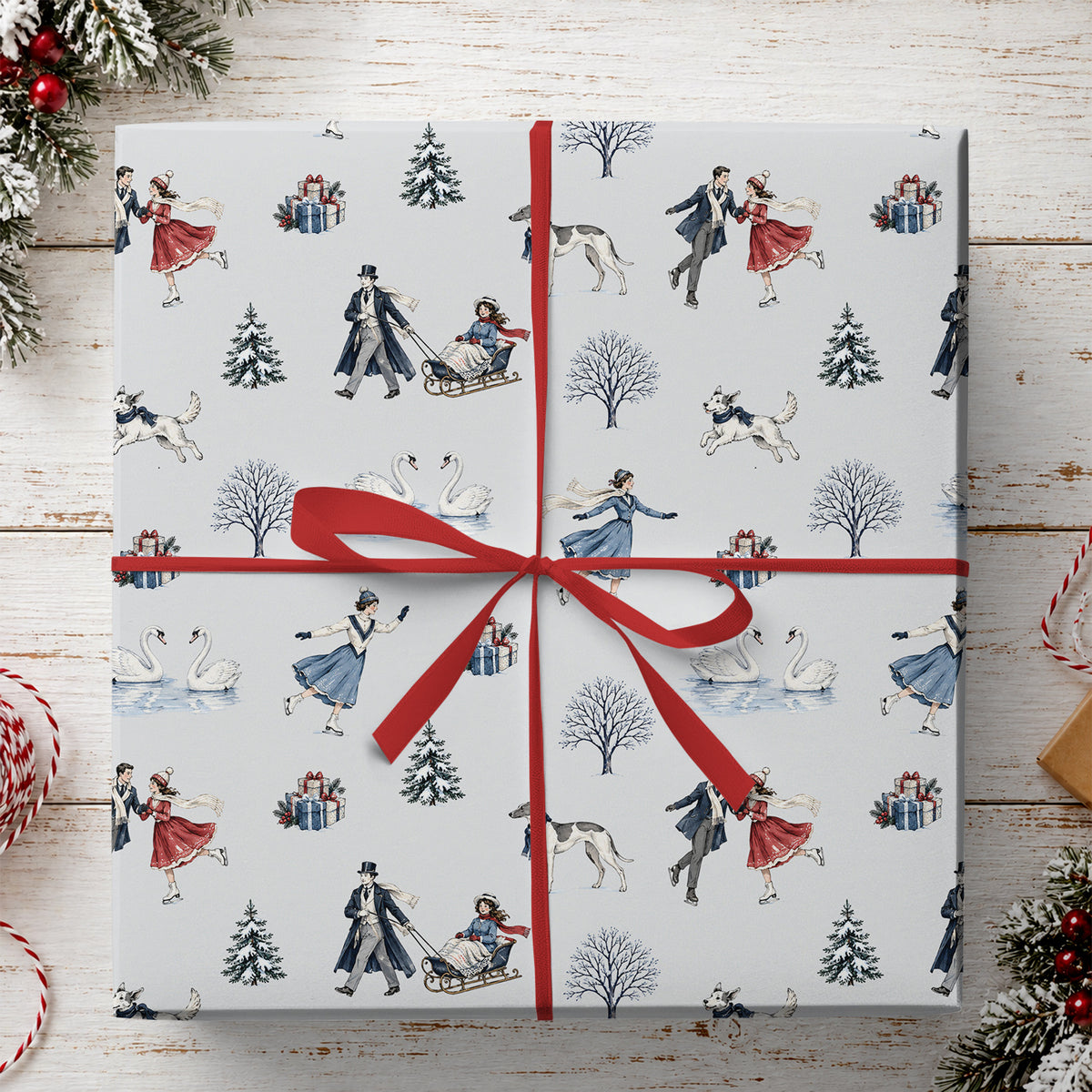 Ice Skating Couples Wrapping Paper, Winter Sleigh Ride Wrapping Paper Rolls, Xmas Gift Wrap For Ice Skating Lover