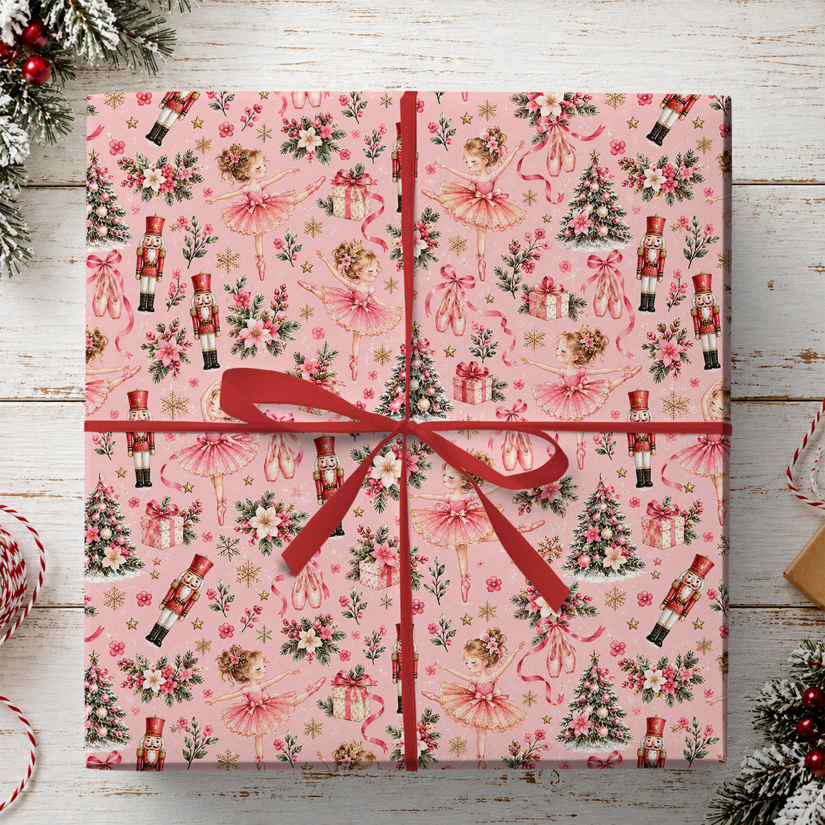 Vintage Christmas Nutcracker Ballet Wrapping Paper, Pink Ballerina And Nutcracker Soldiers Pattern Wrapping Paper Rolls, Xmas Gift Wrap For Ballet Lover
