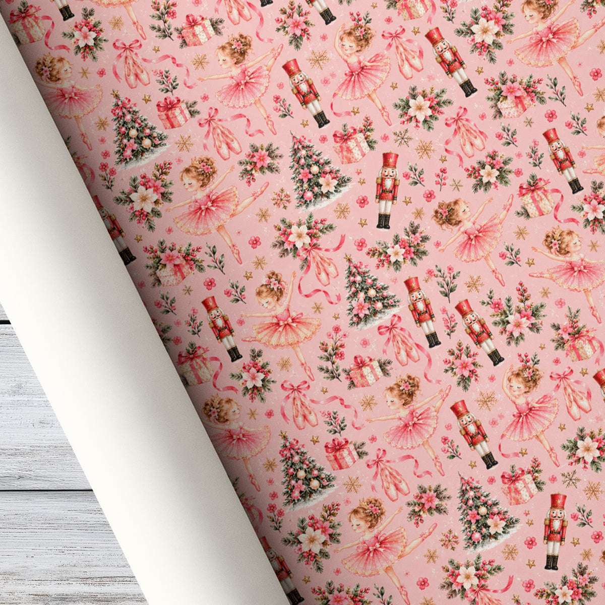 Vintage Christmas Nutcracker Ballet Wrapping Paper, Pink Ballerina And Nutcracker Soldiers Pattern Wrapping Paper Rolls, Xmas Gift Wrap For Ballet Lover