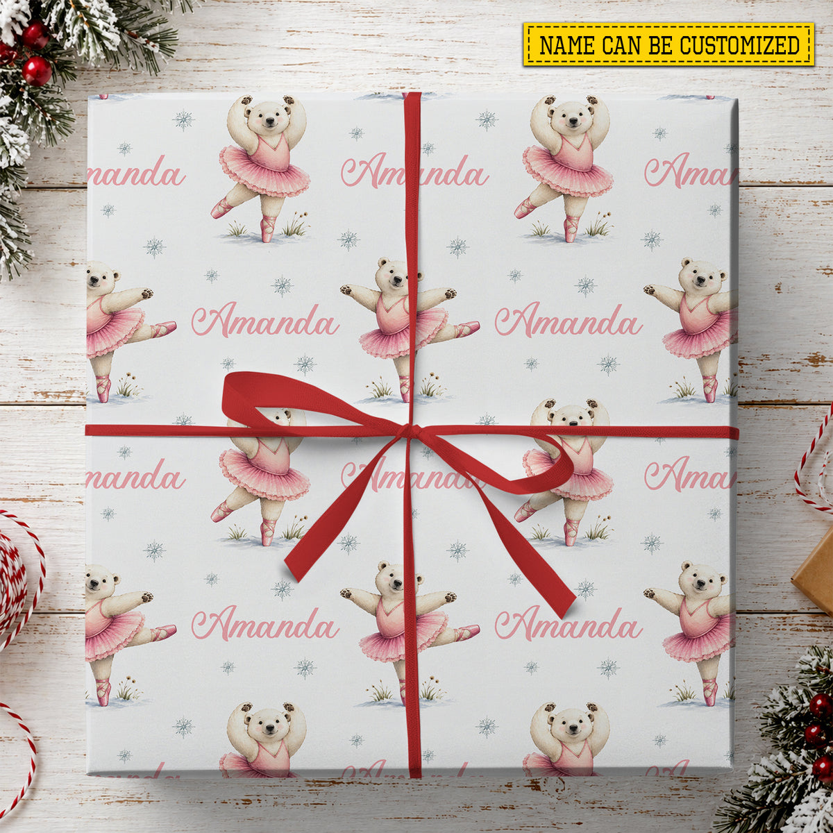 Cute Personalized Polar Bear Ballerina Wrapping Paper, Pink Ballet Bear Wrapping Paper Rolls, Gift Wrap For Ballet Lover