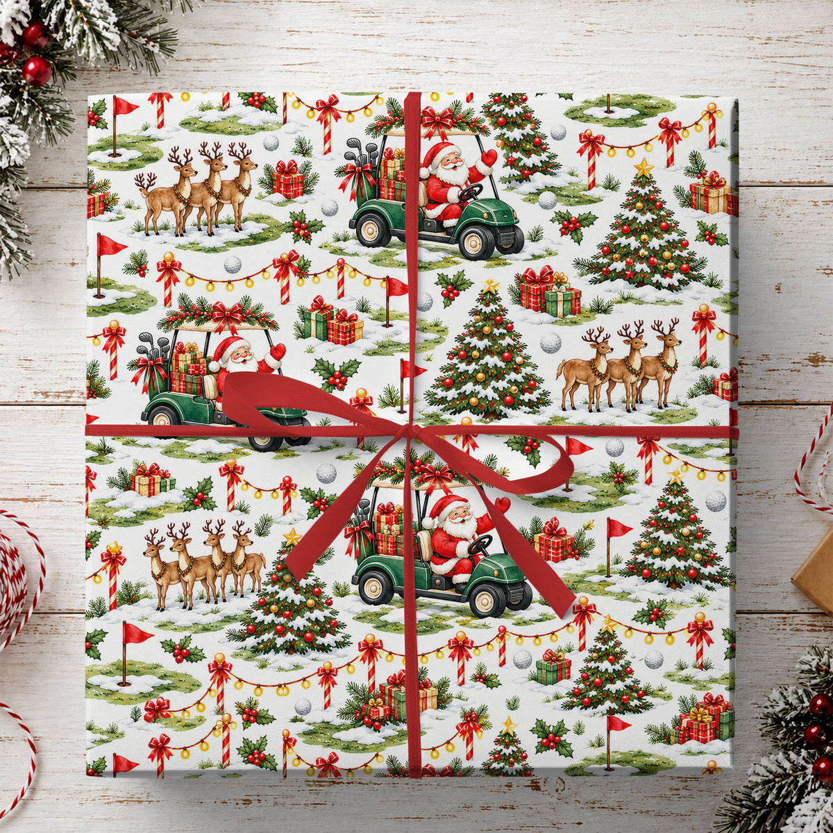 Christmas Golf Wrapping Paper, Santa Driving Golf Cart With Reindeer Wrapping Paper Rolls, Xmas Gift Wrap For Golf Lover
