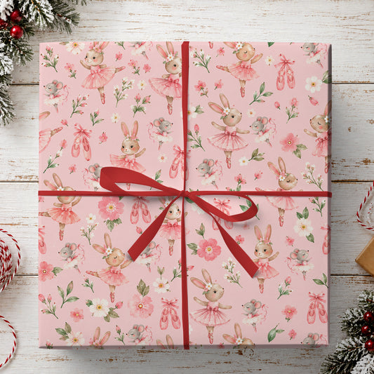 Cute Ballerina Bunny Wrapping Paper, Pink Ballet Rabbit And Mouse Pattern Wrapping Paper Rolls, Gift Wrap For Ballet Lover