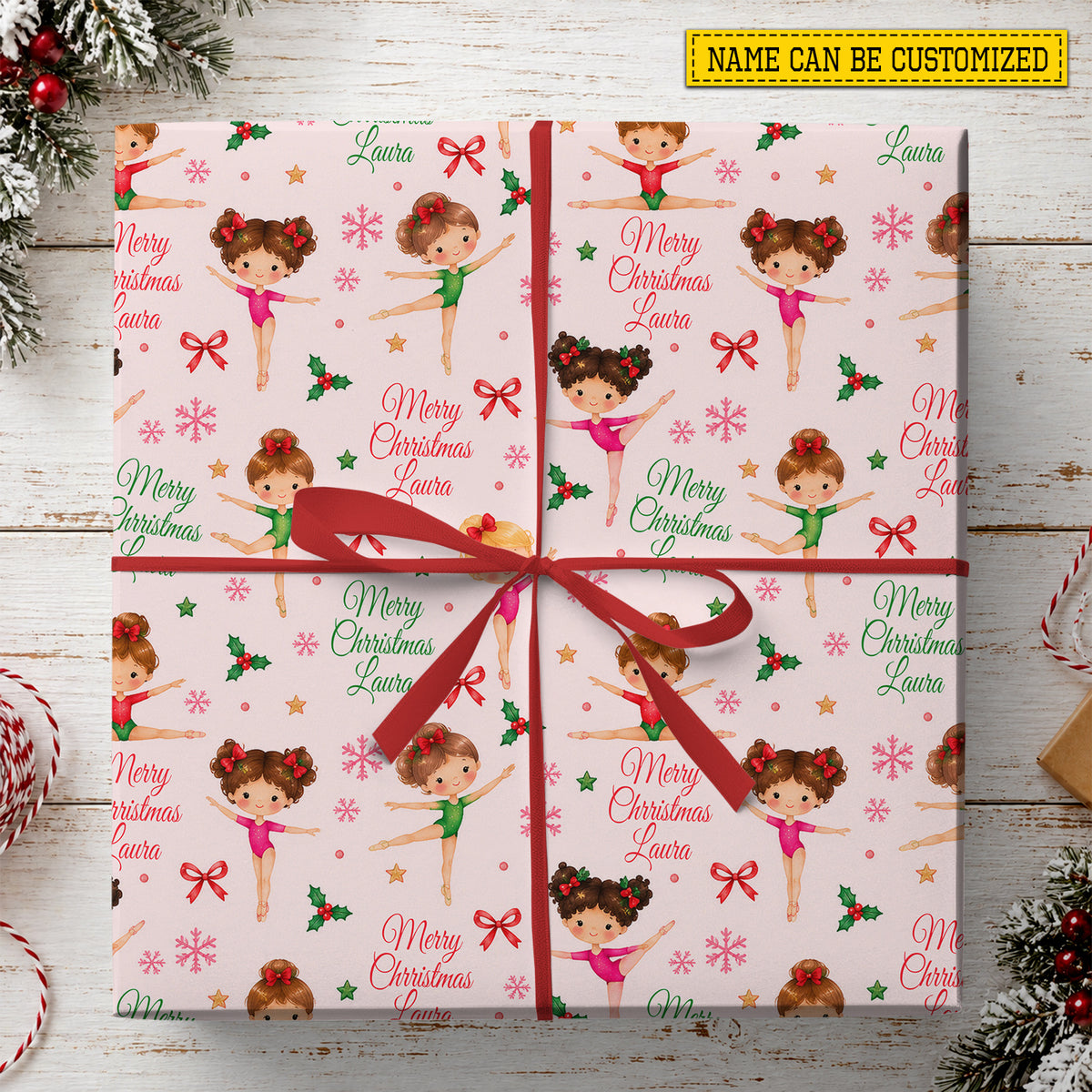 Personalized Christmas Gymnastics Wrapping Paper, Merry Christmas Gymnast Girl Wrapping Paper Rolls, Xmas Gift Wrap For Gymnastics Lover