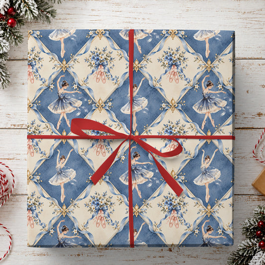 Vintage Ballerina Wrapping Paper, Elegant Blue Ballet Dancer And Floral Bow Pattern Wrapping Paper Rolls, Gift Wrap For Ballet Lover