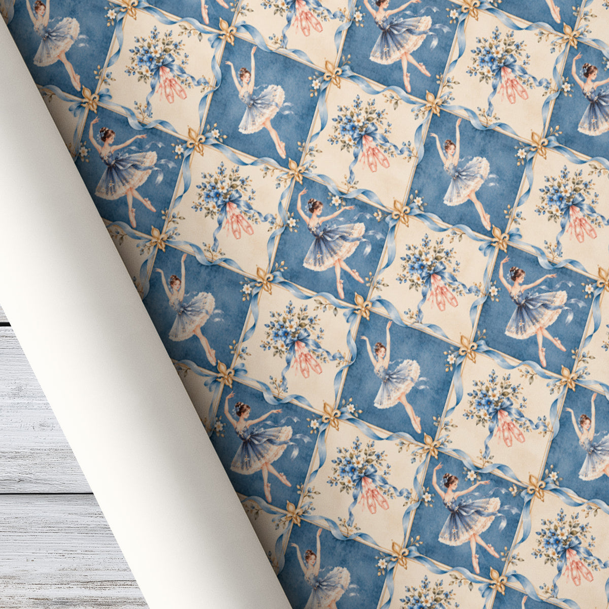 Vintage Ballerina Wrapping Paper, Elegant Blue Ballet Dancer And Floral Bow Pattern Wrapping Paper Rolls, Gift Wrap For Ballet Lover