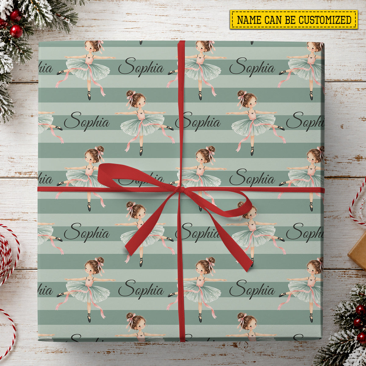 Cute Personalized Ballerina Wrapping Paper, Sage Green Ballet Dancer Wrapping Paper Rolls, Gift Wrap For Ballet Lover