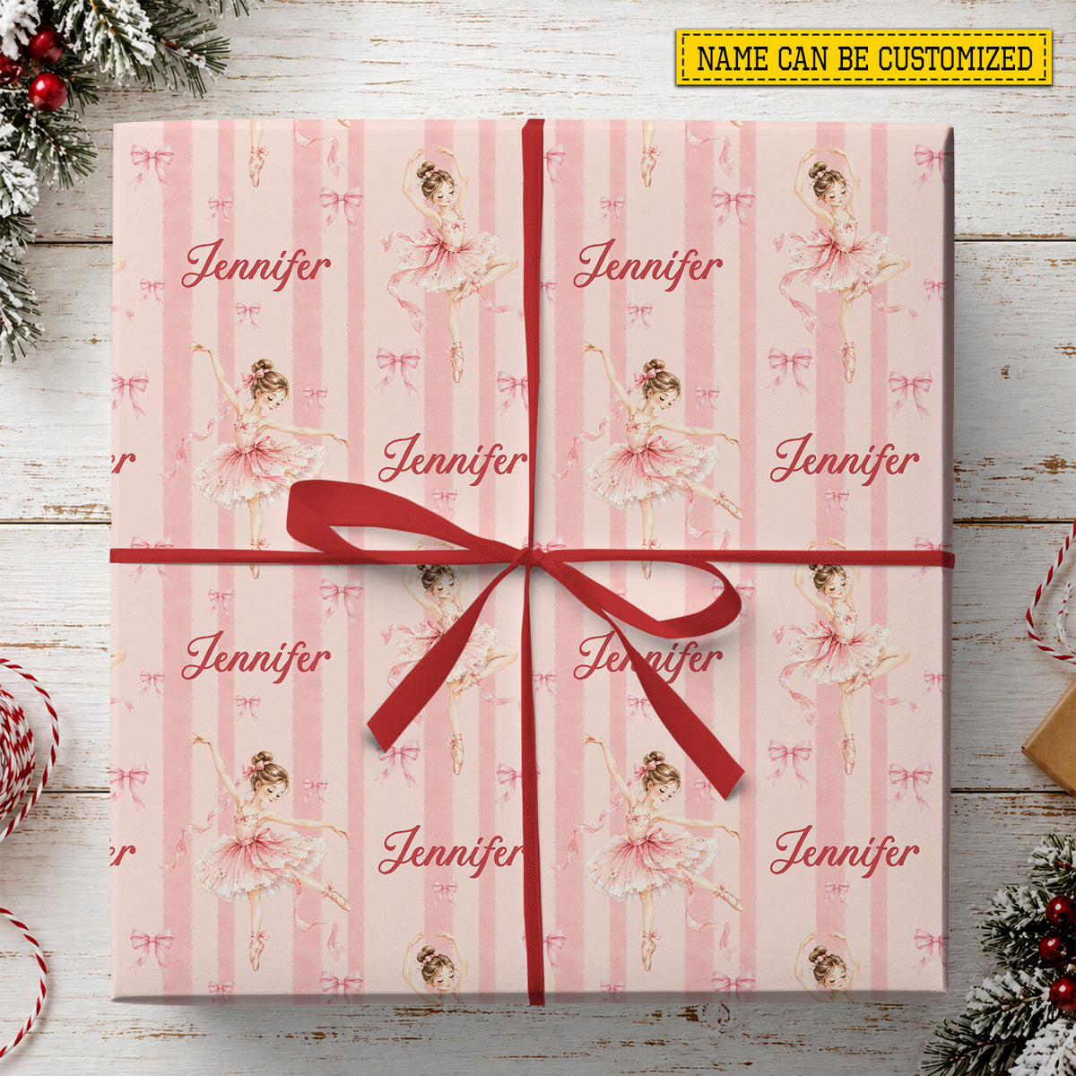 Cute Personalized Ballerina Wrapping Paper, Pink Ballet Dancer And Coquette Bows Wrapping Paper Rolls, Gift Wrap For Ballet Lover