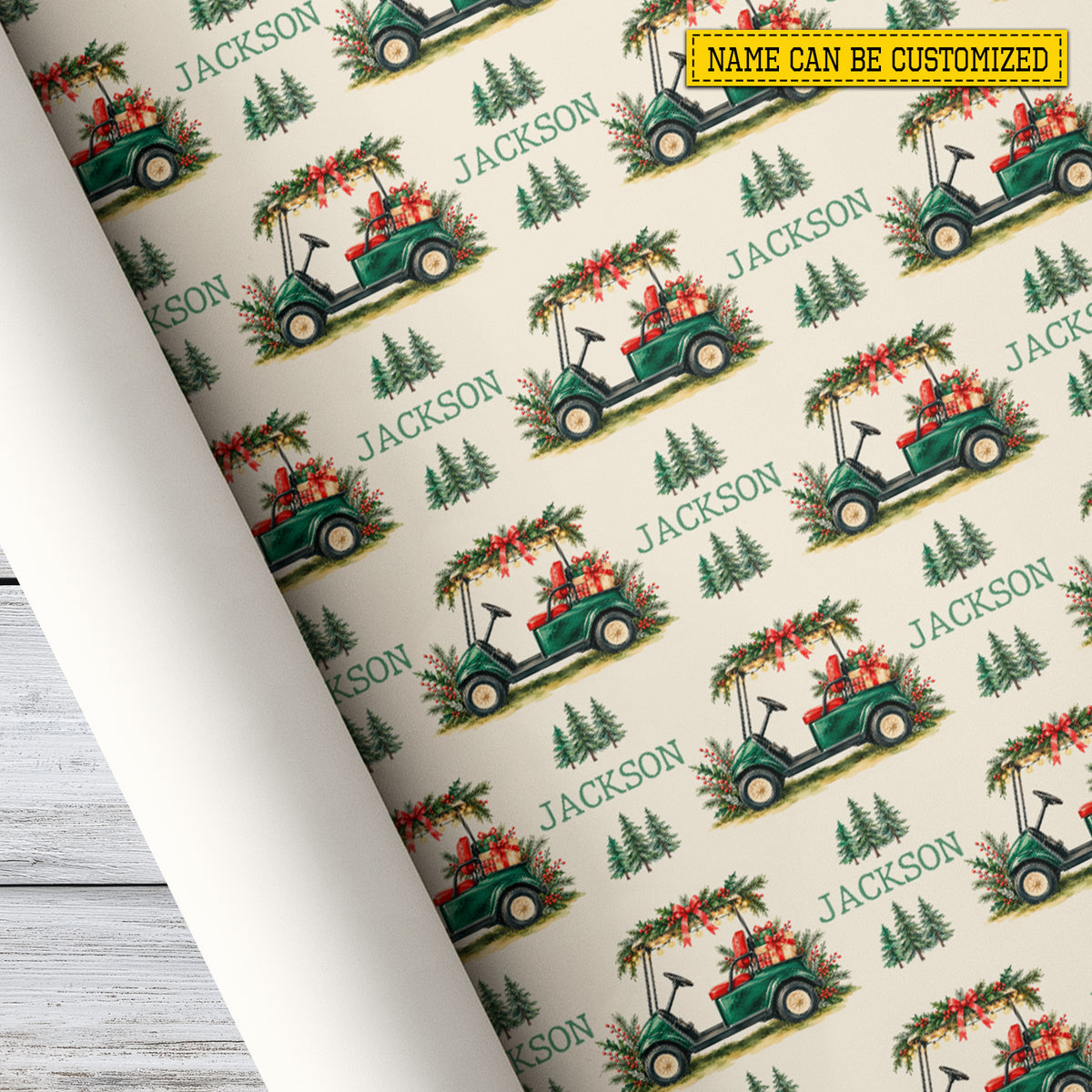 Personalized Christmas Golf Cart Wrapping Paper, Festive Green Golf Cart With Presents Wrapping Paper Rolls, Xmas Gift Wrap For Golf Lover