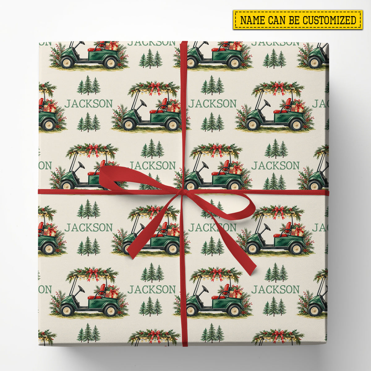 Personalized Christmas Golf Cart Wrapping Paper, Festive Green Golf Cart With Presents Wrapping Paper Rolls, Xmas Gift Wrap For Golf Lover