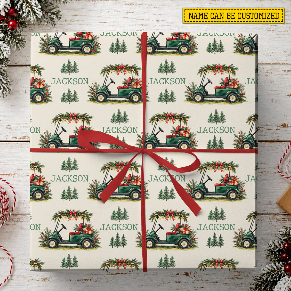 Personalized Christmas Golf Cart Wrapping Paper, Festive Green Golf Cart With Presents Wrapping Paper Rolls, Xmas Gift Wrap For Golf Lover
