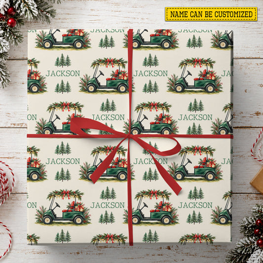Personalized Christmas Golf Cart Wrapping Paper, Festive Green Golf Cart With Presents Wrapping Paper Rolls, Xmas Gift Wrap For Golf Lover