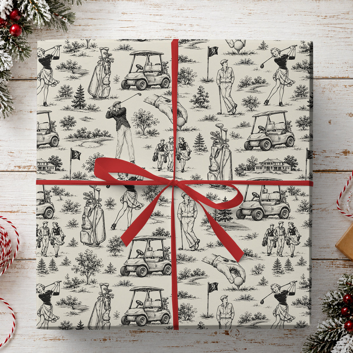 Vintage Golf Wrapping Paper, Black And White Golf Toile de Jouy Pattern Wrapping Paper Rolls, Gift Wrap For Golf Lover
